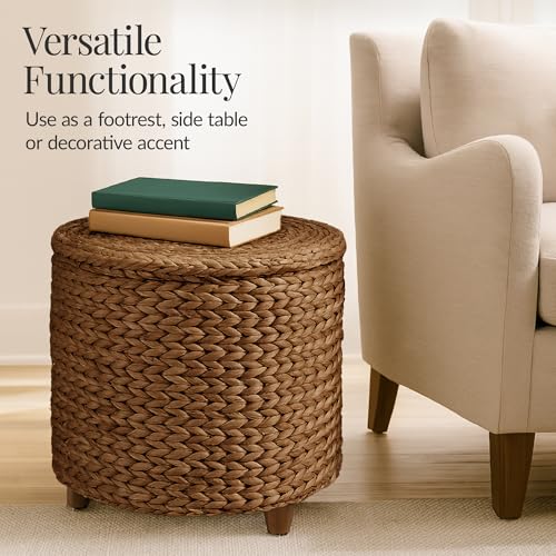 Best Choice Products 17" Round Storage Ottoman W/Lid, Handwoven Water Hyacinth Footstool, Footrest w/Wooden Legs, Accent Side Table, Storage Container, Plant Stand - Chestnut - color: Chestnut