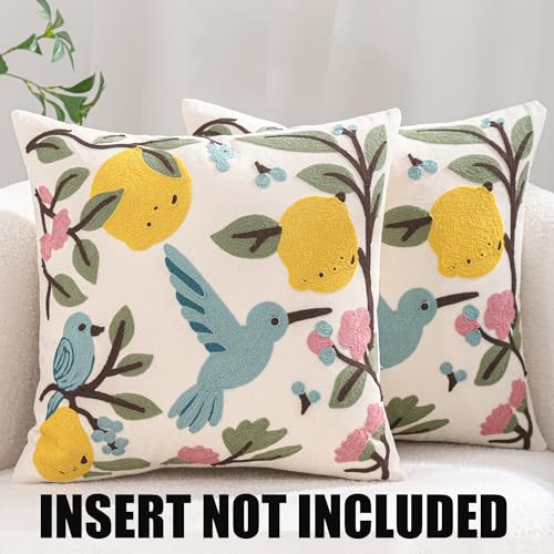 Lemon Pillow Covers 18x18 Pack of 2 Blue Birds with Green Leaves Embroidered Throw Pillow Covers Floral Pillowcases Boho Pillow Cushion Cases Flower Pillow Case Summer Decor - color: Birds&lemons