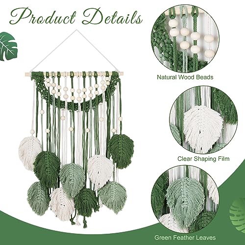 Newwiee Leaves Macrame Wall Hanging Boho Feather Macrame Wall Decor Woven Tapestry Green Stylish Feather Hanging for Nursery Bedroom Living Room 27.6 x 15.8 Inch