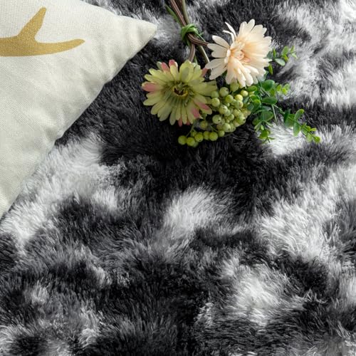 DweIke Fluffy Black White Shag Rugs for Bedroom Living Room, 3x5 Feet Soft Plush Tie-Dyed Cow Girls Boys Kids Rug, Non-Slip and Machine Washable Carpet for Dorm Nursery Classroom Decor - color: Tie-dyed Black, size: 3 Ft X 5 Ft