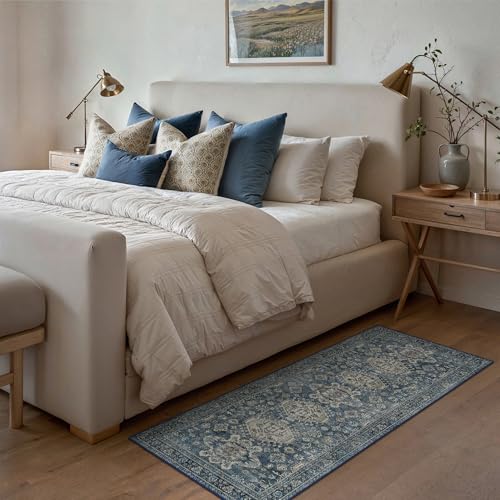Bavni Washable Runner Rug 2x5, Non Slip Vintage Hallway Runner, Ultra Thin Low Pile Washable Carpet for Kitchen Entryway Bedroom, Blue - color: Blue, size: 2' x 5' (Rectangular)