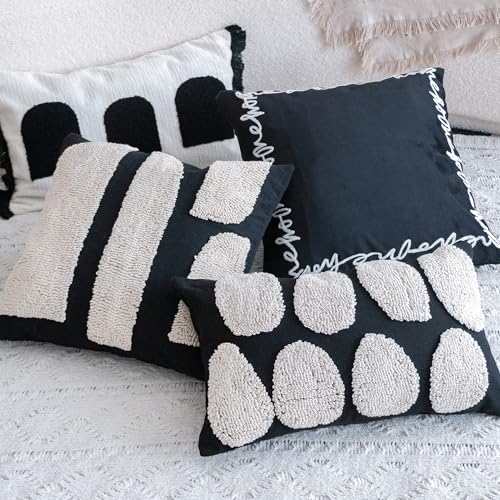 Black White Boho Chunky Tufted Pillow Cover, Neutral Decorative Oblong Throw Pillow Case, Geometric Woven Modern Sham for Bed Couch Living Room, 12x20 inches, 1PCS - color: Black, size: 20" x 12" (Pack of 1)