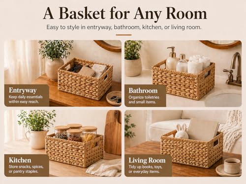 Wicker Storage Basket, Water Hyacinth Basket for Organizing, Rectangular Wicker Storage Baskets for Shelves, Small Wicker Basket with Built-in Handles, Natural, 12.6 x 8.66 x 6.3 Inch