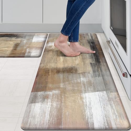 MAYHMYO Kitchen Rugs and Mats Set of 2 Brown Black Beige Anti Fatigue Mat PVC Non Slip Kitchen Mats for Floor, Bathroom, Desk, Runner, Laundry,17.3 x 29 x 0.4 inch + 17.3 x 47 x 0.4 inch - color: Brown-white, size: 29"L X 17.3"W X 0.4"Th + 47"L X 17.3"W X