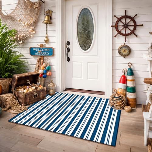 Moucuny Navy Blue and White Striped Outdoor Rug, 2'4'' x 3'7'' Nautical Beach Front Porch Rug Navigation Welcome Layering Doormat for Entryway Entrance Patio Decor - color: Steel Blue and White, size: 2'4'' X 3'7'', style: Vertical Stripe