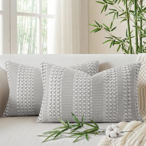 a moment 2 Pack Bamboo Fiber Pillow Covers - Waffle Weave, Ultra Soft & Breathable, Skin-Friendly Cotton Throw Pillow for Couch, Sofa, Bedroom Living Room 12x20 Inch Grey - color: Grey, size: 20" x 12" (Pack of 2)