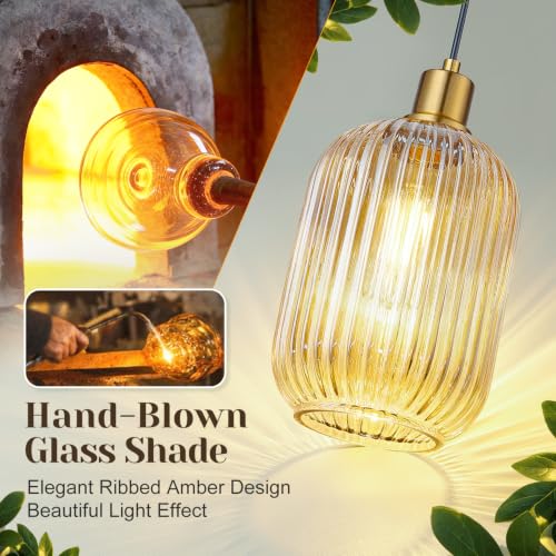 1 Pack Pendant Lights with Vintage Amber Ribbed Glass Lampshade, Adjustable Brushed Gold Pendant Lights Fixtures for Kitchen Island Lighting Sink, Dining & Living Room Hallway (Bulbs Not Included) - color: 1 Pack Brushed Gold + Amber Glass