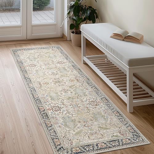 Bavni Runner Rug Non Slip for Bathroom Kitchen Hallway 2x5 Washable Runner Boho Bedsied Rugs Floor Runner for Entryway Laundry, Soft Low Pile Rugf, Ivory/Teal - color: Ivory/Teal, size: 2' x 5' (Rectangular)