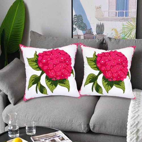 Alysheer Hydrangea Embroidered Decorative Throw Pillow Covers 18"x 18" Set of 2, Summer Floral Tufted Patterned Hot Pink Cotton Cushion Cases for Couch Bed Living Room Decor - color: Hydrangea Hot Pink, size: 18" x 18" (Pack of 2)
