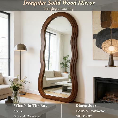 Wavy Full Length Mirror, 71"x33.5" Oversized Organic Floor Mirrors with Triple-Layer Solid Wood Frame, Irregular Full Body Mirror for Entryway Hallway Living Room Cloakroom, Leaning/Hanging - color: Walnut Wavy Frame, size: 71"L x 33.5"W