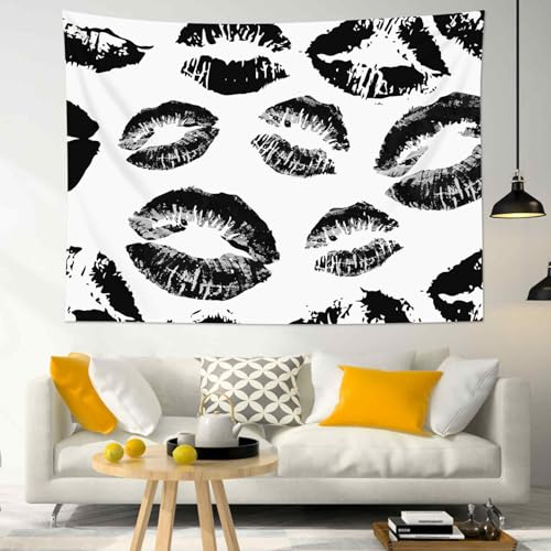 SCECALA Black and White Kiss Lips Tapestry Modern Fashion Makeup Wall Art Tapestry Vintage Fashion Aesthetic Wall Hanging for Girls Bedroom College Dorm Makeup Room Home Decor 59x51 Inch - color: Black, size: 51"L x 59"W