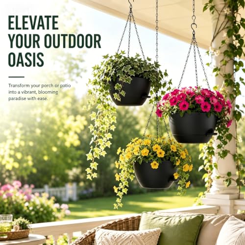 12 Inch Self Watering Hanging Planters 2 Pack, Indoor Outdoor Hanging Pots for Plants with Drainage Holes & Saucers, Black Plastic Hanging Baskets for Kitchen Balcony Garden - color: Black
