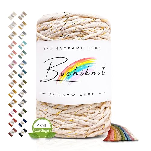 BOCHIKNOT Single Strand Macrame Cord 5mm x 160yds (150m) – Soft Cotton Macrame Rope for Beginners, Easy to Knot for Wall Hangings, Plant Hangers, Fringe and DIY Crafts (Natural & Gold) - color: Natural & Gold Metallic, size: (5mm x 146m) - Single Strand T