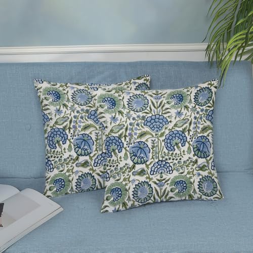 Boho Throw Pillow Covers 18x18 Inch 2 Pcs Navy Blue Sage Green Vintage Floral Decor Pillow Covers Flower Outdoor Seasonal Decorative Pillowcase Linen Cushion Cover for Couch Sofa - color: Blue Green Flower, size: 18" x 18" (Pack of 2)