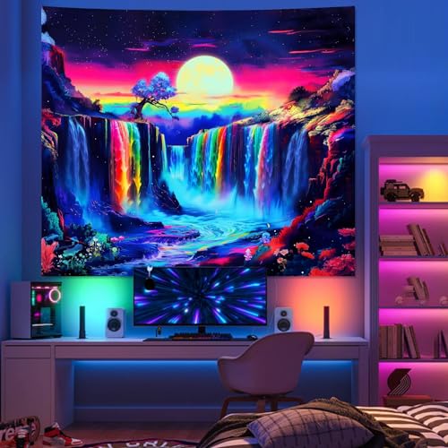 Apdidl Blacklight Posters Waterfall Moon Tapestry, Black Light Neon UV Reactive Mountain Tree Tapestries Wall Hanging, Fantasy Landscape Wave Nature Tapestry for Bedroom Room Dorm Decor (51"X60") - color: Waterfall Blacklight Tapestry, size: 60"L x 51"W