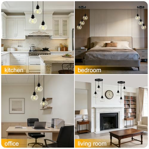 3-Light Pendant Light, Globe Cluster Hanging Light with Clear Glass Shade, Matte Black Pendant Lighting Adjustable Hanging Height Industrial Ceiling Light for Kitchen Island Bedroom(E26 Base,No Bulb) - size: 3Light - D 5.12 IN