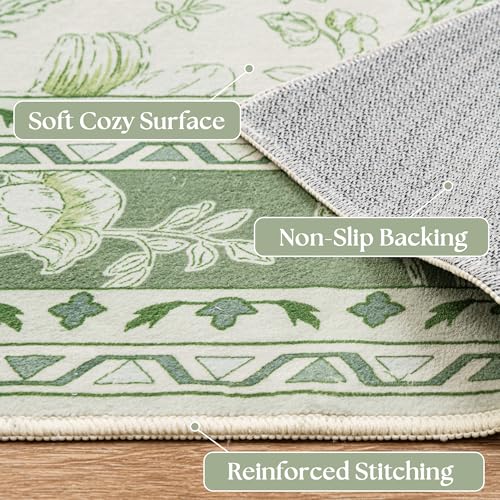 Small Green Rugs 2x3 Sage Green Kitchen for Entryway, Soft Washable Floral Sketch Printed Non-Slip Kitchen Mat, Low-Pile Indoor Bathroom Farmhouse Carpet for Entrance Cottage Boho Farmhouse - color: Sketch Floral Sage Green, size: 2' x 3' (Rectangular)