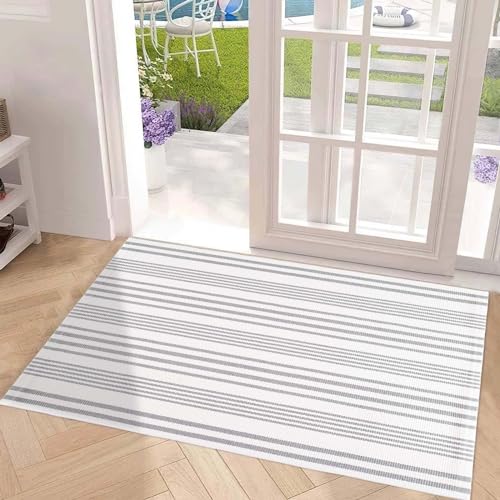 Grey and White Outdoor Rug 24'' x 51''Striped Front Porch Rug Hand-Woven Machine Washable Layered Door Mats for Entryway/Bedroom/Outdoor - color: Grey Striped, size: 2' x 4'3" (Rectangular)