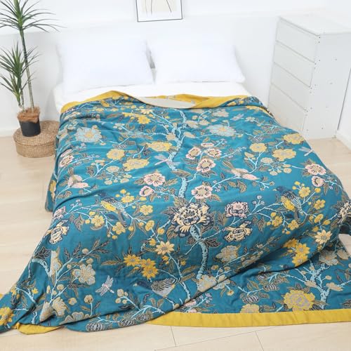 Snycler Boho Throw Blanket for Bed - 100% Cotton Ultra Soft Rustic Quilt Blanket Green Bird Floral Printed Farmhouse Decor Bed Blankets, 80"×90" All Season Rustic Throw for Sofa Couch Chair - color: Green Bird Floral, size: 80"x90"