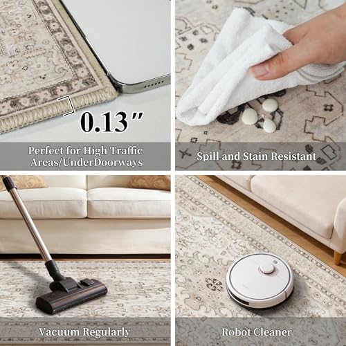 HILORUUG 4x5 Rug Entryway Washable: Non-Slip Oriental Area Rug for Bathroom Kitchen- Farmhouse Low Pile Stain Resistant Carpet Long Thin Front Door Mat (4x5 Ivory/Grey/Multi) - color: Ivory, size: 4' x 5' (Rectangular)