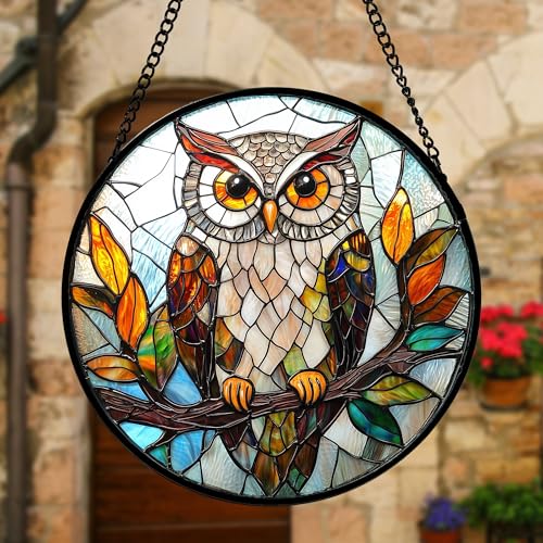 DASTOLL Stained Glass Window Hanging, Owl Colorful Leaves Birds Sun Catchers Diamond Glass Panel Hangings Suncatcher Decor for Birthday for Women, Men, Wife, Aunt, and Mom 6.3 in - color: Brown, size: 6.3x6.3 IN