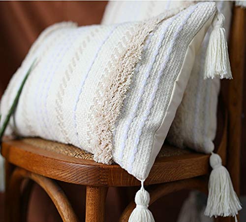 LEVINIS Hand Woven Tribal Tufted Pillow Case with Tassels 20 x 20 Inch, Boho Decorative Throw Pillow Covers for Farmhouse,Party,Car,Office, Cream White - color: Cream White, size: 20" x 20" (Pack of 1)