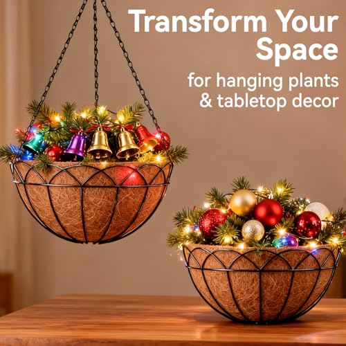 Halatool 2 Pack 14 Inch Hanging Baskets with Coco Liners, Rustproof Metal Flower Planters with Chain Hooks, No Tool Needed Heavy Duty Hanging Pots for Outdoor Patio Balcony Decor