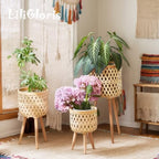 Boho Rattan Plant Stand Set of 2 – Handwoven Tall Elevated Wicker Plant Baskets for Indoor Plants, Mid-Century Modern Wooden Planter Holder with Tripod Legs, Farmhouse Home Decor - size: 2 pieces（S+M）