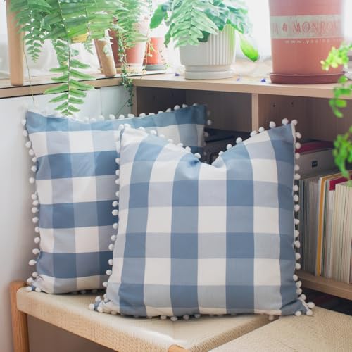HOPLEE Farmhouse Light Blue Pillow Covers 18x18 Buffalo Check Pillows Covers Blue and White Pillow Covers with Pom Pom for Home Decor 18x18 Inches Set of 2 - color: Blue Plaid Pom, size: 18" x 18" (Pack of 2)