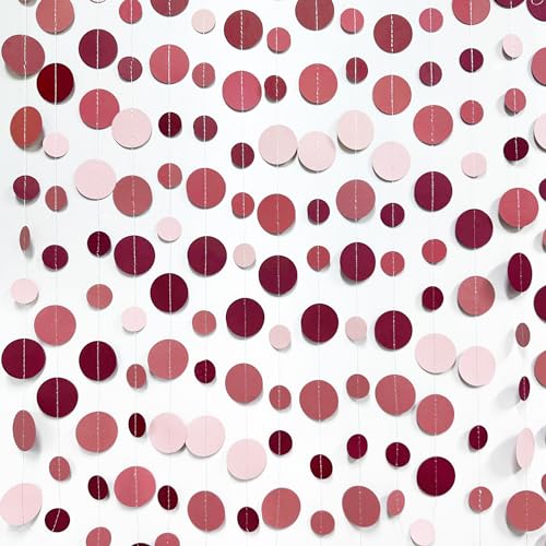 Burgundy Dusty Pink Decorations Circle Dot Garland Maroon Pink Hanging Polka Dot Streamer Banner for Wedding Birthday Bridal Shower Engagement Baby Shower Graduation Anniversary Garnet Party Supplies - color: Dusty Pink Maroon