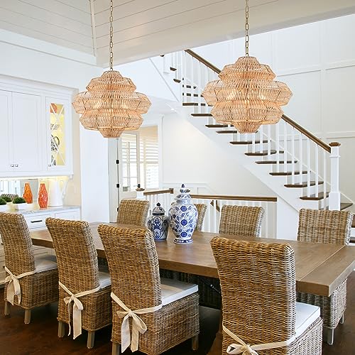 22” Hand Woven Rattan Chandelier 5 Round Adjustable Boho Pendant Light Farmhouse Large Brass Pendant Lighting Fixtures for Dining Room Kitchen Island Living Room, UL Listed