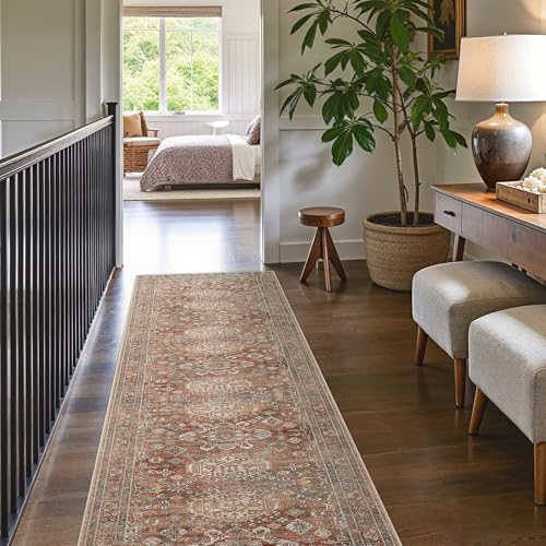 Bavni Boho Tribal Runner Rug 2'6"x7', Washable Hallway Carpet with Non-Slip Backing, Soft Low Pile Long Rug for Entryway, Kitchen, Bedroom, Living Room, Brick - color: Brick, size: 2'6" x 7' (Rectangular)