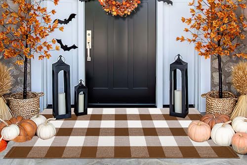 Coffee and White Outdoor Rug 24''x51''Checkered Plaid Front Porch Rug Cotton Woven Washable Door Mat Outdoor for Layered Doormat Hello Welcome Door Mat Kitchen Farmhouse Entryway - color: Coffee, size: 24''x 51''