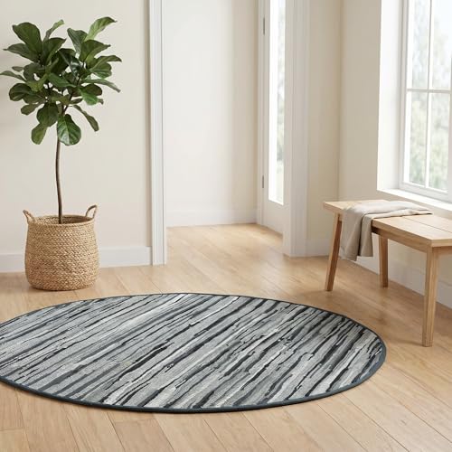 Cotton Hand Woven Chindi Area Rug 4 Feet Round - Charcoal, Reversible Large Durable Indoor Décor Carpet Ideal for Bedroom, Living Room, Nursery | Grey Soft Farmhouse Circle Floor Mat for Home Space - color: Charcoal, size: 4' (Round)