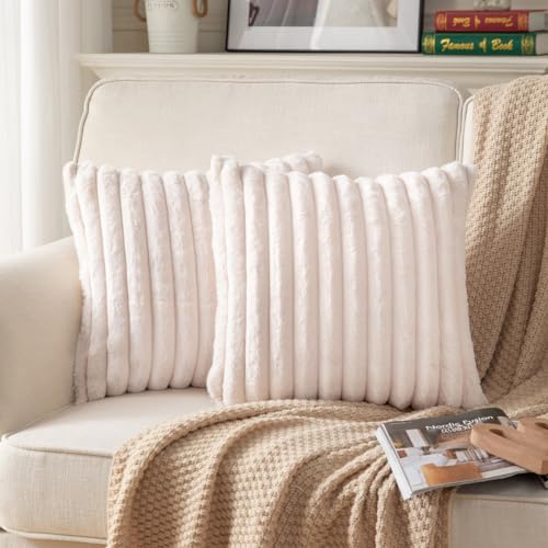DEELAND Pack of 2,Double-Sided Faux Fur Plush Decorative Throw Pillow Covers Fuzzy Striped Soft Pillowcase Cushion Covers for Sofa Couch Bedroom Beige 26x26 inch - color: Beige, size: 26" x 26" (Pack of 2)
