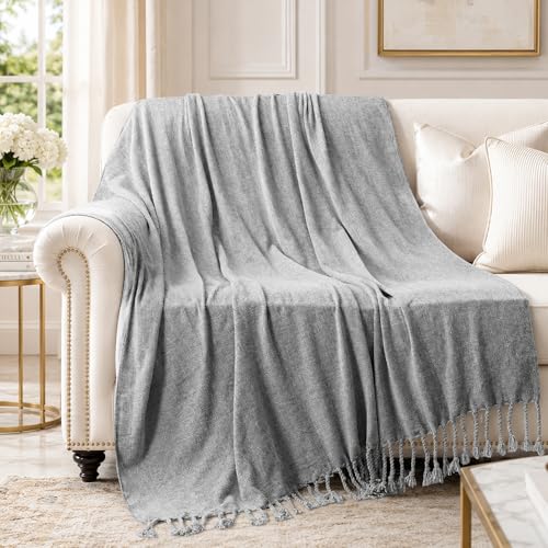 BATTILO HOME Light Gray Chenille Throw Blanket for Couch, Soft Cozy Textured Knit Throw Blanket with Handmade Fringe Tassels, Lightweight Decorative Farmhouse Blanket for Sofa Bed Chair, 50"x60" - color: Light Grey