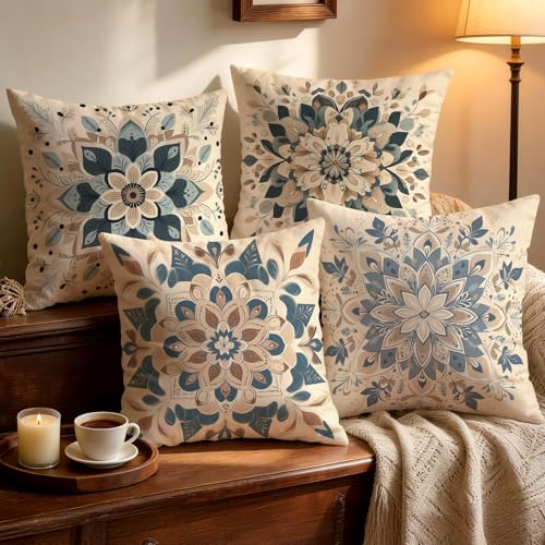 OBSEDE Blue Floral Mandala Decorative Throw Pillow Covers 18x18 Set of 4 Faux Linen Cushion Cases Single-Sided Print Boho Light Blue Accent Pillows for Couch Sofa - color: Blue Floral Mandala