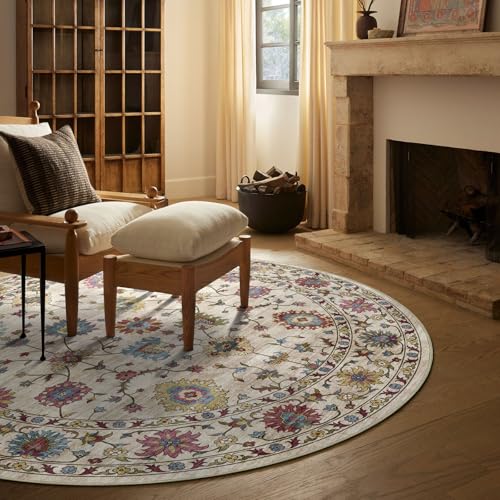 LUXRUG Washable Round Area Rug 4ft - Cream Colorful Traditional Floral Boho Living Room Circle Rug 4x4 Non-Slip Carpet Soft Vintage Bohemian Round Rugs for Bedroom Bathroom Kitchen Nursery - color: Cream Multi, size: 4' (Round)