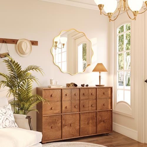 Kelly Miller 32 Inch Gold Round Wavy Mirror, Large Scalloped Edge Decorative Wall Mirror for Bathroom Bedroom Living Room Entryway Vanity Fireplace - size: 32"L x 32"W