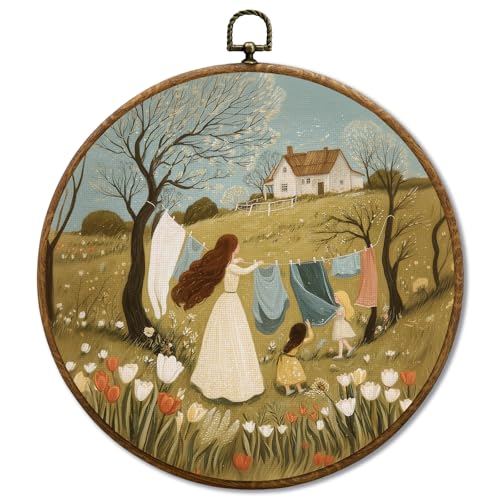 JUIOEIU Vintage Rustic Farmhouse Round Wall Decor, Cottagecore Laundry Day Framed Canvas Prints, Country Landscape Wall Art Hanging Decorations for Bathroom Washroom Laundry Room Decor, 10x10in - color: Laundry room05