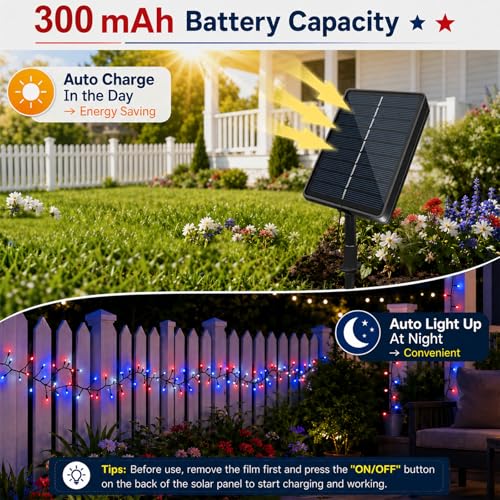 Forlivese 2 Pack Red White and Blue Solar String Lights Outdoor, 240 LED 4th of July Lights with 11 Modes, 2 Festival Color Patriotic Lights Waterproof for Independence Day Christmas, RWB & Warm - color: Red White Blue & Warm White, size: 120LED*2pcs-sola