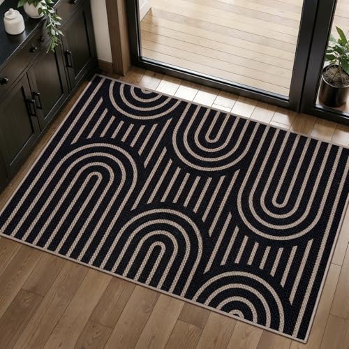 Tangsoo Modern Easy Jute 2x3 Outdoor Washable Rug for Entryway,Non-Slip Black Rug Farmhouse Small Throw Mats Neutral Indoor Floor Carpet for Entrance Front Porch Foyer Decor - color: Black Six Rainbow, size: 2x3ft