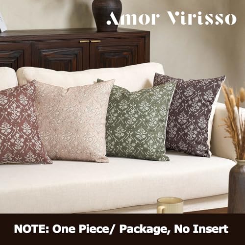 Amor Virisso Floral Pillow Covers 18x18 Inch Farmhouse Block Print Pillow Cover Accent Square Neutral Modern Decorative Throw Pillow Covers for Living Room Couch Bed Sofa Chair, Dark Brown - color: Dark Brown, size: 18" x 18" (Pack of 1)