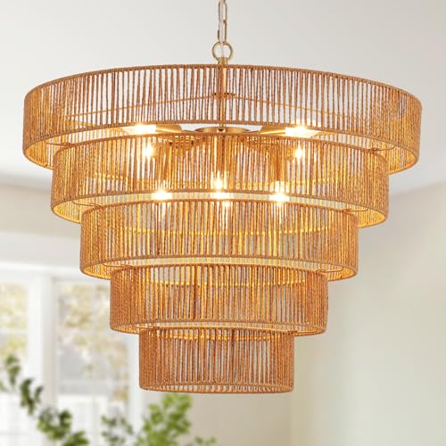 25.6" Large Boho Rattan Chandelier 8-Light Farmhouse Hand-Woven Drum Light Fixture, Vintage Rustic Wicker Rattan Gold Chandelier for Dining Room, Bedroom, Kitchen, Living Room, E12 Base - color: Gold 25IN