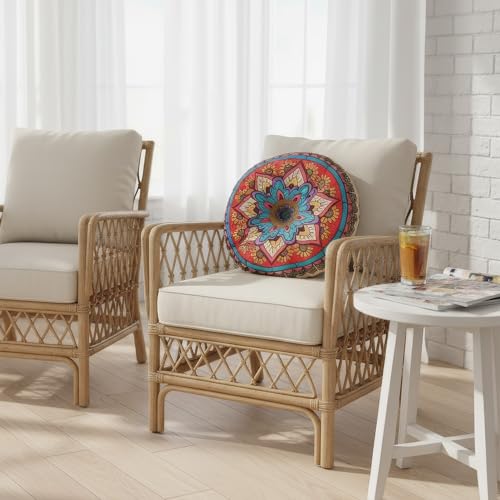 Mandala Round Floor Pillow - 16x16 inch Reversible Cotton Linen Meditation Cushion for Yoga, Balcony & Patio Decor (Colorful) - color: Colorful