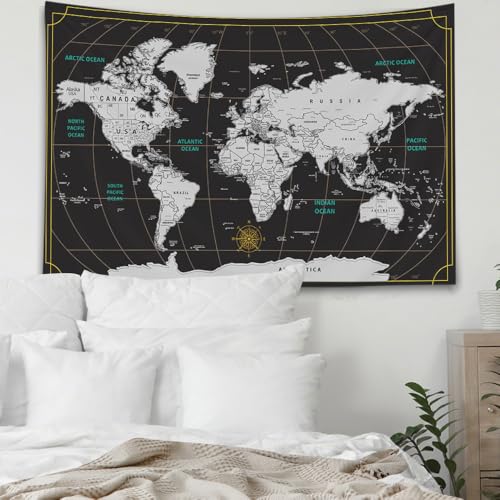CAPSCEOLL College Dorm Wall Tapestry - World Map Wall Hanging Art for Bedroom - 60x50 Inches, Black and White - color: Black White, size: 60"L x 50"W