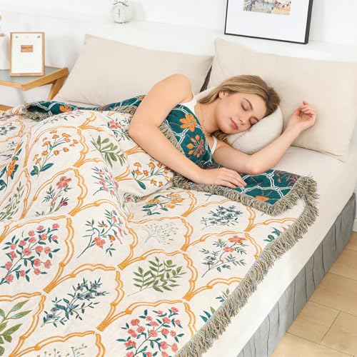 Boho Throw Blanket 60"x80", 100% Cotton Muslin Blankets for Couch Bed Sofa Chair, 4-Layer Soft Cozy Quilt Travel Blanket with Floral, Farmhouse Decor,All Seasons(White&Blue) - color: Lantern Grid