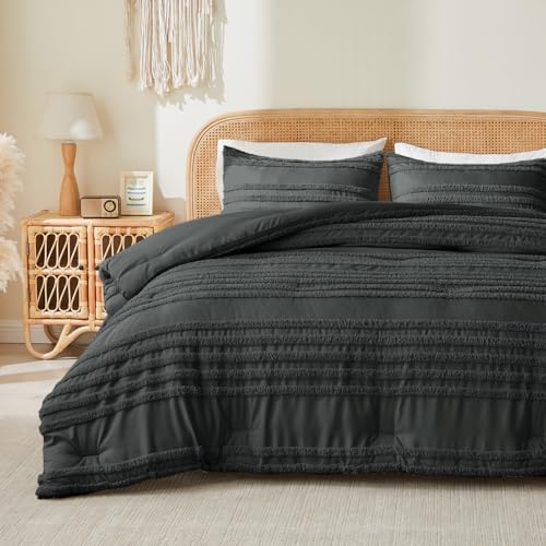BEDELITE Boho Comforter Set Queen Size, Dark Grey Tufted Striped Bed Set 3 Pieces, Soft Vintage Farmhouse Comforter for All Seasons, Boho Home Decor,Fluffy Jacquard Bedding with 2 Pillow Shams - color: Dark Grey, size: Queen