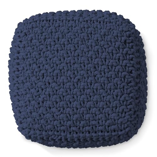 Casafield Square Pouf Ottoman, Navy Blue 18.5" W x 18.5" D x 14.5" H Cotton Knit Foot Stool - Boho Floor Pouffe for Living Room, Bedroom, Home Office - color: Navy Blue, size: 18.5"D x 18.5"W x 14.5"H