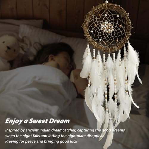 Dream Catcher Native American Boho Dreamcatcher White Wall Decor, Handmade Rattan Natural Goose Feathers Wall Hanging Art Piece Indian Room Decor for Bedroom Living Room Wedding - color: White